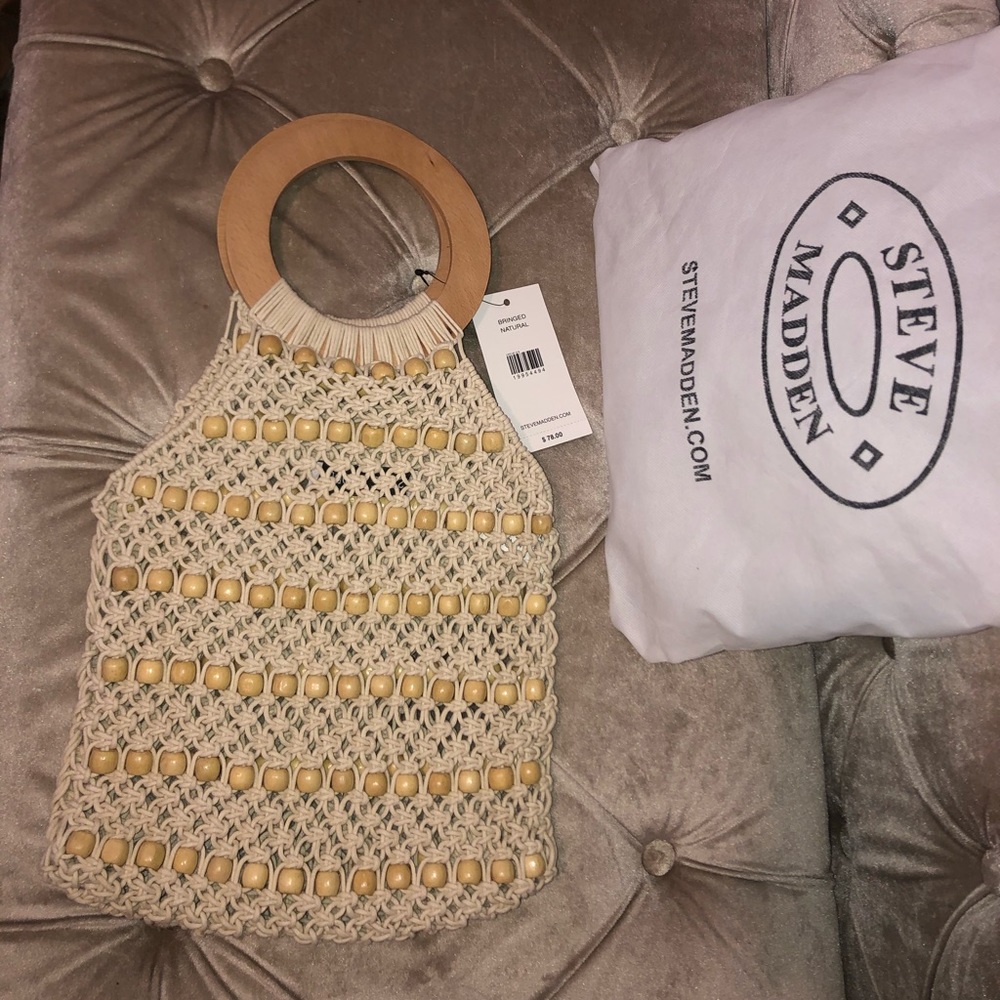 Woven handbag with wooden beads & handle